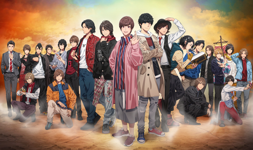 1010_mumumu 6+boys absurdres asymmetrical_footwear black_hair blue_jacket book brown_coat brown_hair camera camera_around_neck clenched_hand coat crossed_arms denim fedora fingerless_gloves gloves godai_yuusuke grey_suit hands_in_pockets hat hidari_shoutarou highres hino_eiji houjou_emu index_finger_raised inui_takumi jacket japanese_clothes jeans kadoya_tsukasa kamen_rider kamen_rider_555 kamen_rider_agito_(series) kamen_rider_blade_(series) kamen_rider_build_(series) kamen_rider_dcd kamen_rider_den-o_(series) kamen_rider_drive_(series) kamen_rider_ex-aid_(series) kamen_rider_fourze_(series) kamen_rider_gaim_(series) kamen_rider_ghost_(series) kamen_rider_hibiki kamen_rider_hibiki_(series) kamen_rider_kabuto_(series) kamen_rider_kiva_(series) kamen_rider_kuuga_(series) kamen_rider_ooo_(series) kamen_rider_ryuki_(series) kamen_rider_w kamen_rider_wizard_(series) kamen_rider_zi-o_(series) kazuraba_kouta kenzaki_kazuma kidou_shinji kimono kiryuu_sento kisaragi_gentarou kivat-bat_iii kurenai_wataru lab_coat leather leather_jacket mismatched_footwear multiple_boys necktie nogami_ryoutarou on_one_knee pants philip_(kamen_rider) pink_coat plaid plaid_jacket pompadour reading red_scarf scarf shirt smile souma_haruto squatting striped striped_shirt suit tendou_souji tenkuuji_takeru tokiwa_sougo tomari_shinnosuke torn_clothes torn_jeans torn_pants tsugami_shouichi