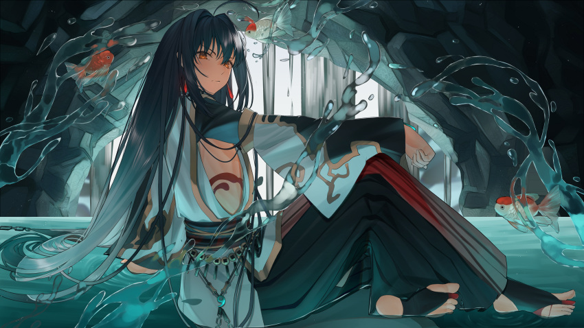 1other absurdres ahoge androgynous black_hair black_pants bridal_legwear brown_eyes detached_sleeves dress earrings fate/grand_order fate/samurai_remnant fate_(series) fish goldfish hakama hakama_pants highres japanese_clothes jewelry light_(nightty45) long_hair long_sleeves looking_at_viewer necklace pants pelvic_curtain red_pants sash sidelocks sitting solo two-tone_pants water white_dress wide_sleeves yamato_takeru_(fate)