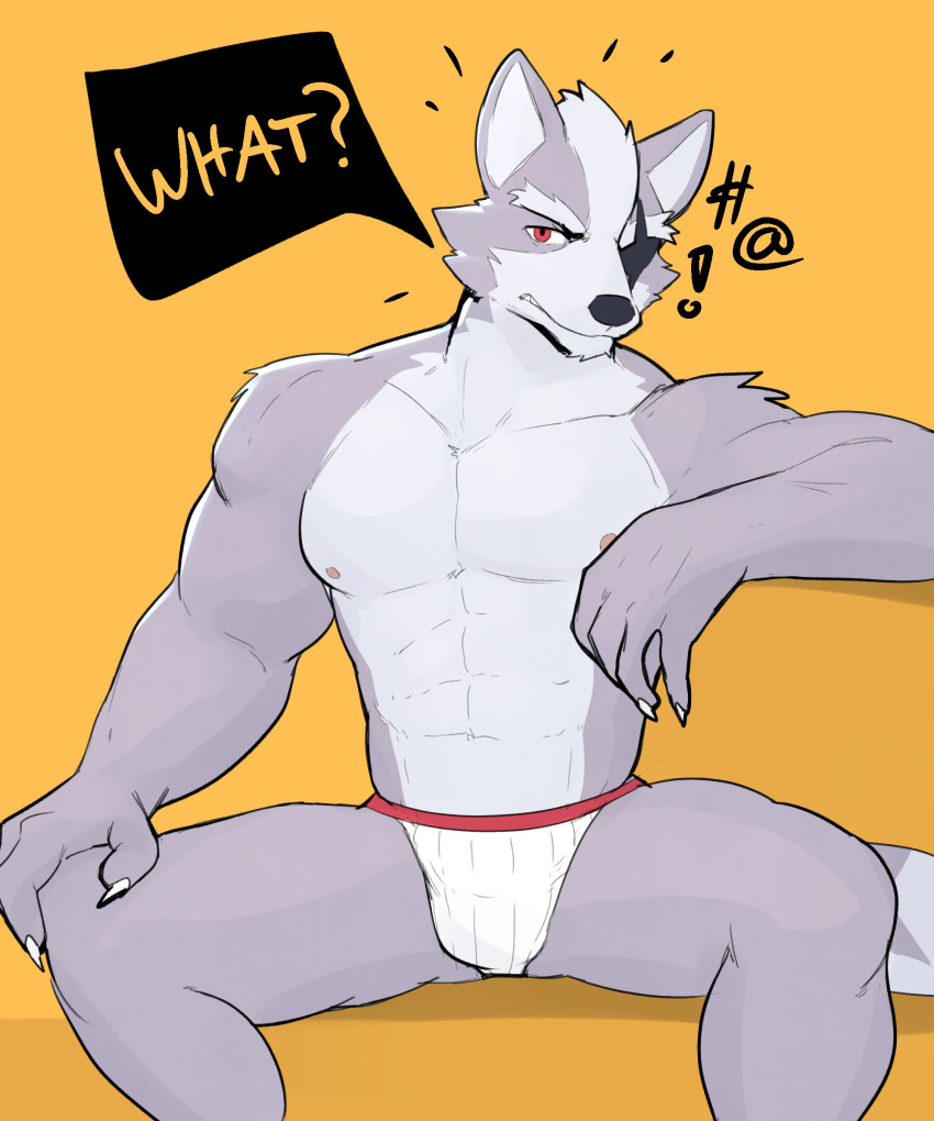 2022 absurd_res anthro canid canine canis clothed clothing english_text hi_res jrjresq looking_at_viewer male mammal muscular muscular_anthro muscular_male nintendo red_eyes sitting solo star_fox text underwear underwear_only video_games wolf wolf_o'donnell