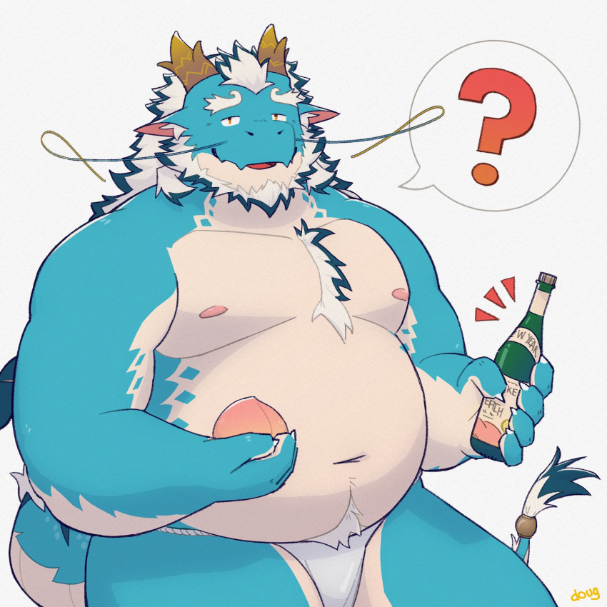 anthro asian_clothing belly blue_body clothing dragon east_asian_clothing facial_hair food fruit fundoshi hair hi_res japanese_clothing lifewonders male musclegut navel nipples peach_(fruit) pecs plant qinglong question_mark solo thatdouginme tokyo_afterschool_summoners underwear white_hair yellow_eyes