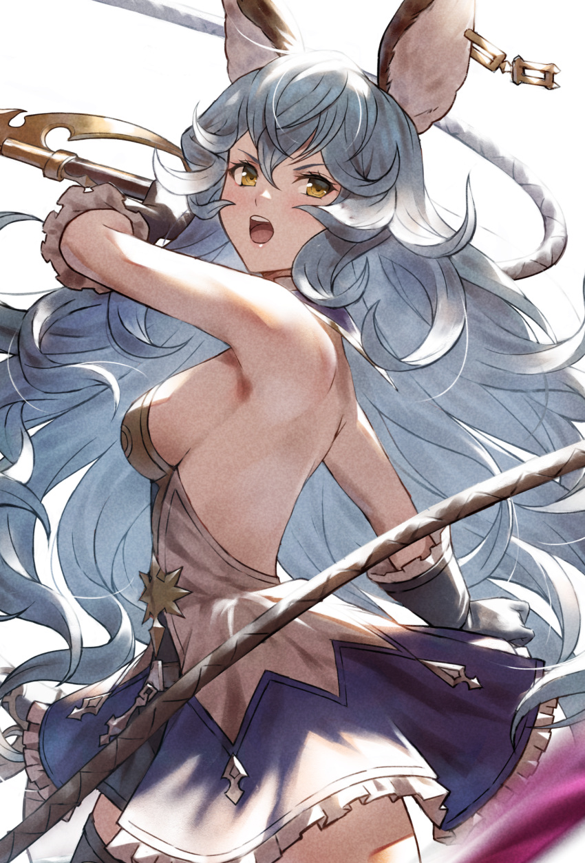 1girl animal_ears backless_dress backless_outfit black_gloves blue_dress blue_hair breasts dress erune fagi_(kakikaki) ferry_(granblue_fantasy) gloves granblue_fantasy hair_between_eyes highres holding holding_whip long_hair looking_at_viewer medium_breasts open_mouth sideboob sideless_outfit solo thighhighs twisted_torso two-tone_dress wavy_hair white_background white_dress yellow_eyes