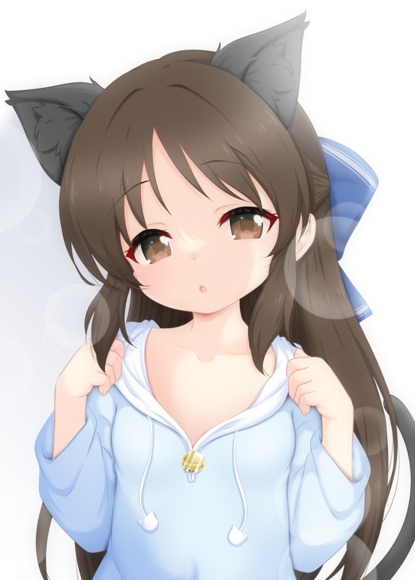 animal_ears blue_hoodie breasts brown_eyes brown_hair cat_ears cat_tail collarbone commentary_request drawstring highres hood hood_down hoodie hosizora_mikoto idolmaster idolmaster_cinderella_girls long_hair looking_at_viewer parted_lips small_breasts tachibana_arisu tail upper_body