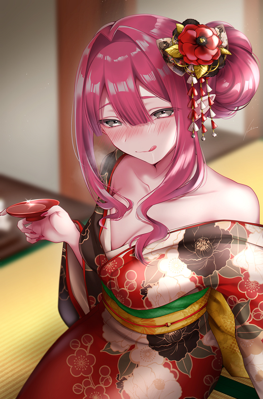 1girl alcohol baobhan_sith_(fate) bare_shoulders breasts cleavage collarbone cup fate/grand_order fate_(series) flower grey_eyes hair_bun hair_flower hair_ornament highres ichi_kq japanese_clothes kimono large_breasts licking_lips long_hair long_sleeves looking_at_viewer obi off_shoulder pink_hair pointy_ears red_kimono sakazuki sake sash sidelocks single_hair_bun smile solo tongue tongue_out wide_sleeves