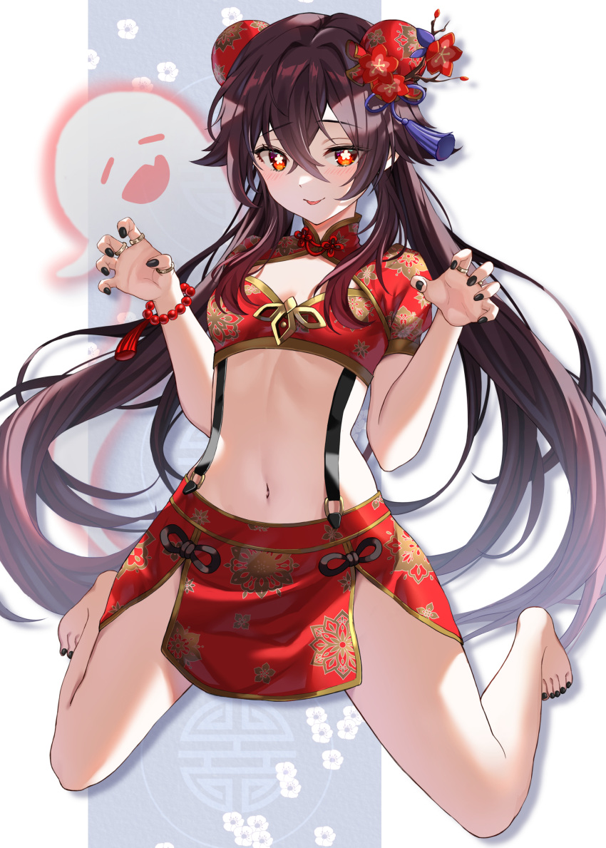 1girl :p absurdres alternate_costume bare_legs barefoot black_nails boo_tao_(genshin_impact) breasts brown_hair bun_cover chinese_clothes cleavage commentary_request crop_top double_bun genshin_impact hair_bun highres hu_tao_(genshin_impact) long_hair looking_at_viewer midriff miniskirt nail_polish navel pelvic_curtain red_eyes red_skirt shrug_(clothing) skirt skirt_set smile solo stomach suspenders thighs toenail_polish toenails tongue tongue_out very_long_hair wanatsu_15