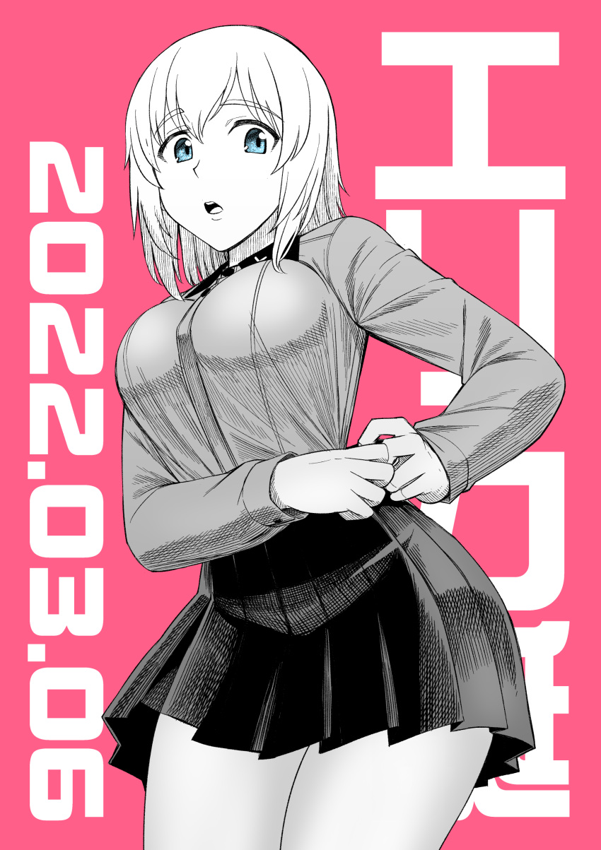 1girl absurdres adjusting_clothes blue_eyes breasts cowboy_shot dated girls_und_panzer greyscale highres itsumi_erika kuromorimine_school_uniform large_breasts limited_palette long_sleeves looking_down medium_hair monochrome parted_lips pink_background pleated_skirt school_uniform simple_background skirt solo sutahiro_(donta) taut_clothes teeth text_background upper_teeth_only