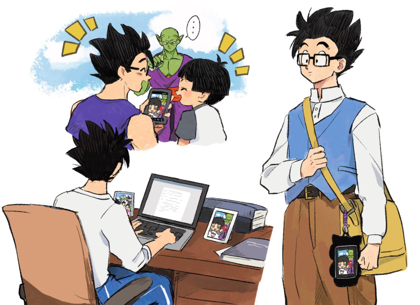 ... 1girl 2boys :d ^_^ antennae bag black-framed_eyewear black_hair blue_pants blue_sky blue_vest blunt_bangs blush book brown_pants cellphone cellphone_photo chair charm_(object) closed_eyes cloud collared_shirt colored_skin commentary_request computer cowboy_shot desk dougi dragon_ball dragon_ball_super dragon_ball_super_super_hero dress_shirt facing_away father_and_daughter from_behind glasses green_skin highres holding holding_phone j_ooey laptop long_sleeves multiple_boys multiple_views notice_lines on_chair open_mouth pan_(dragon_ball) pants phone piccolo picture_frame pointy_ears profile rectangular_eyewear red_sash sash shirt shirt_tucked_in short_hair short_sleeves shoulder_bag simple_background sitting sky sleeves_rolled_up smartphone smile son_gohan speech_bubble spiked_hair spoken_ellipsis t-shirt vest white_background white_shirt yellow_bag