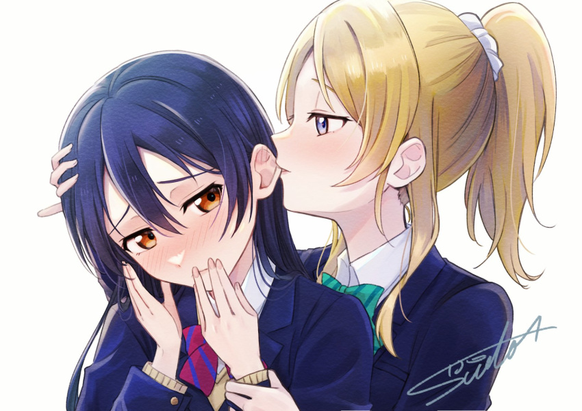 2girls ayase_eli biting blazer blonde_hair blue_eyes blue_hair blue_jacket blush bow bowtie collared_shirt commentary_request ear_biting furrowed_brow green_bow green_bowtie hand_on_another's_head highres jacket long_hair long_sleeves looking_at_another love_live! love_live!_school_idol_project multiple_girls orange_eyes otonokizaka_school_uniform parted_lips ponytail red_bow red_bowtie school_uniform shirt sidelocks sonoda_umi striped striped_bow striped_bowtie suito upper_body white_background white_shirt winter_uniform yuri