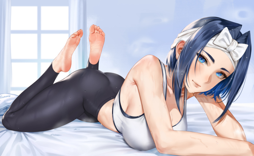 1girl armpit_crease artist_name ass bare_arms bare_shoulders barefoot blue_eyes blue_hair blush breasts collarbone easonx english_commentary feet feet_up hair_intakes hand_on_own_cheek hand_on_own_face head_rest highres hololive hololive_english large_breasts legs looking_at_viewer lying medium_hair on_bed on_stomach ouro_kronii smile soles solo sports_bra steaming_body sweat the_pose thighs toes towel_bow virtual_youtuber white_sports_bra