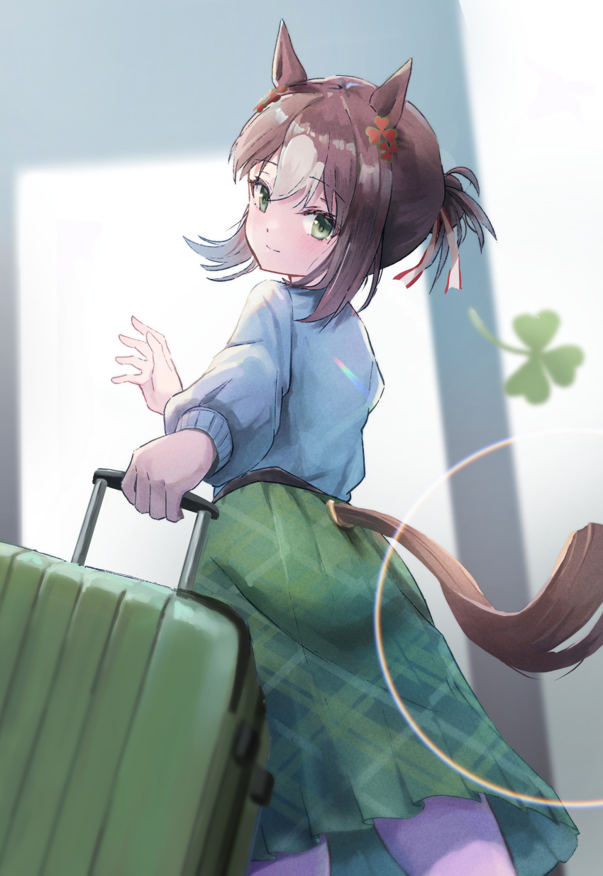 1girl absurdres animal_ears aoniyoshi ass blush brown_hair casual clover fine_motion_(umamusume) from_behind green_eyes green_skirt hair_bun highres horse_ears horse_girl horse_tail long_skirt long_sleeves looking_at_viewer looking_back multicolored_hair shirt skirt smile solo suitcase tail tail_through_clothes two-tone_hair umamusume white_hair white_shirt