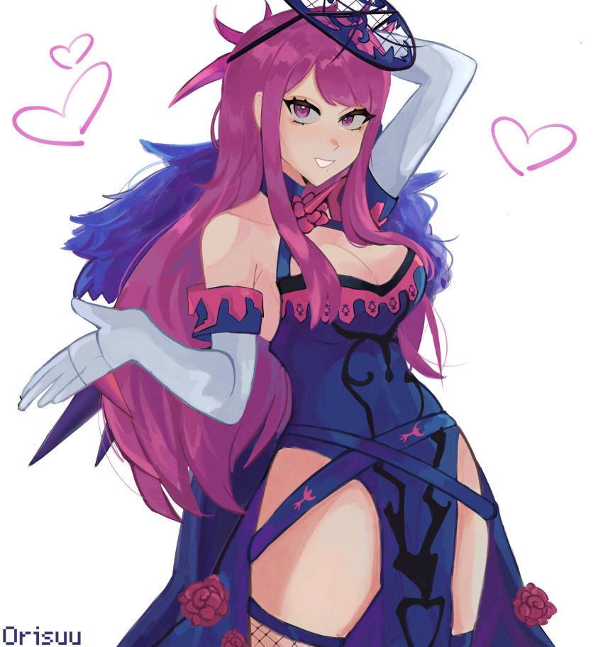 1girl arm_up blue_dress breasts cleavage commentary cowboy_shot detached_sleeves dress elbow_gloves fire_emblem fire_emblem_engage fur_trim gloves grin highres ivy_(fire_emblem) long_hair looking_at_viewer medium_breasts orisuu pelvic_curtain purple_eyes purple_hair short_sleeves simple_background sleeveless sleeveless_dress smile solo standing thighs very_long_hair white_background white_gloves