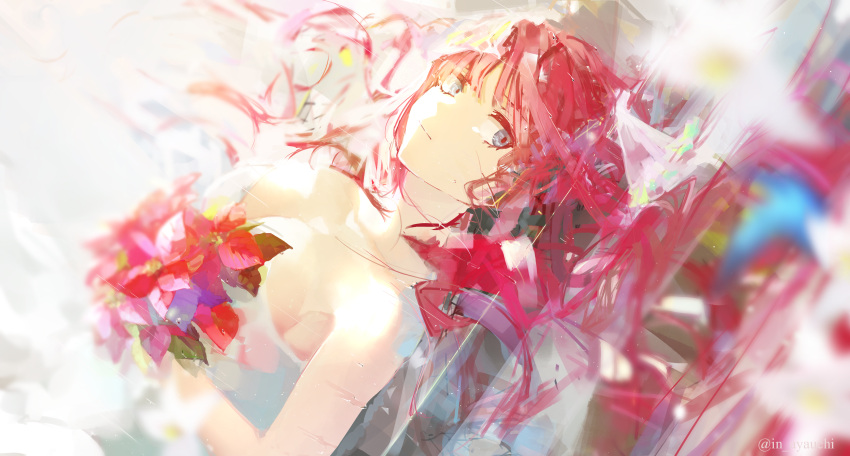1girl absurdres ayauchi bare_arms bare_shoulders blue_eyes bouquet breasts butterfly_hair_ornament cleavage dress go-toubun_no_hanayome hair_ornament highres holding holding_bouquet long_hair looking_at_viewer medium_breasts nakano_nino solo strapless strapless_dress twitter_username wedding_dress white_dress