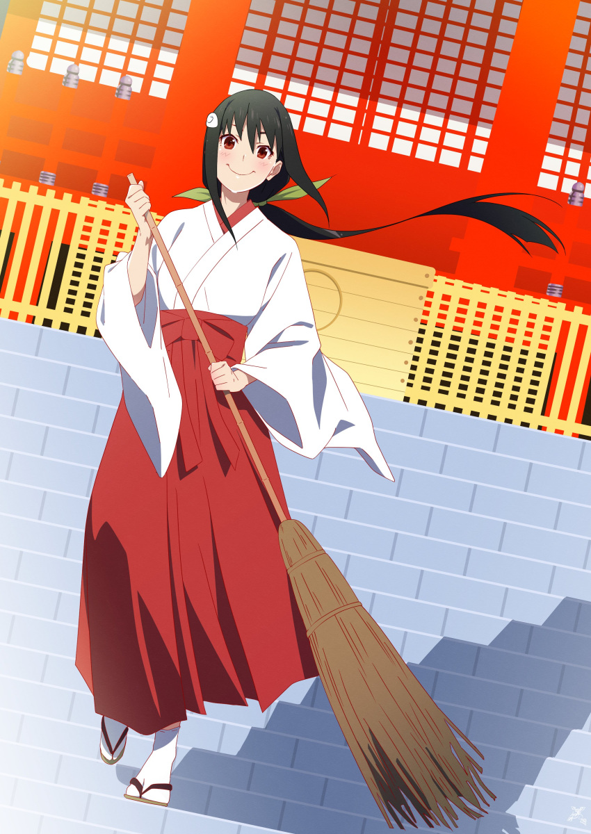 1girl absurdres aged_up black_hair broom dutch_angle hachikuji_mayoi hair_ornament hair_ribbon hakama highres japanese_clothes kabukimonogatari long_hair low_ponytail makicha_(sasurainopink) miko monogatari_(series) railing red_eyes red_hakama ribbon sandals smile socks solo stairs tabi white_socks