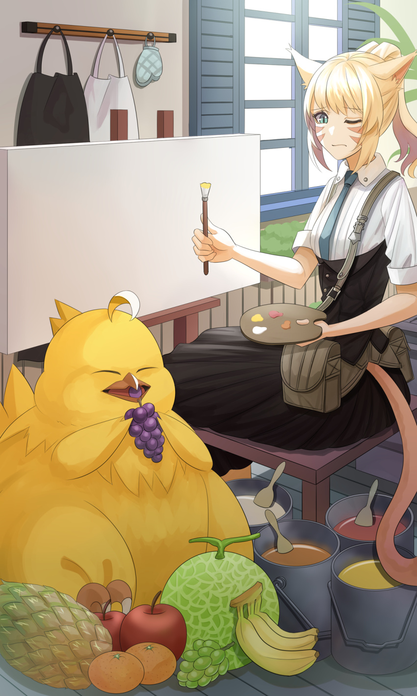 1girl animal_ears apple bag banana black_dress blonde_hair blue_necktie breasts canvas_(object) cat_ears cat_tail clothes_hanger collared_shirt dress eating fat_chocobo final_fantasy final_fantasy_xiv food frown fruit grapes highres holding holding_paintbrush holding_palette long_bangs medium_hair melon miqo'te necktie ojiki one_eye_closed open_can orange_(fruit) oven_mitts paint paint_can paintbrush palette_(object) pineapple plank plant pleated_dress ponytail potted_plant shirt shoulder_bag sitting small_breasts solo tail upper_body warrior_of_light_(ff14) white_shirt window_shade wooden_floor
