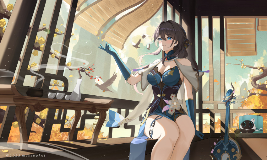 1girl aqua_dress aqua_eyes aqua_gloves arm_support artist_name bare_shoulders bead_necklace beads bird black_hair blue_eyes blush breasts capelet chinese_clothes cleavage covered_navel critter_pick_(honkai:_star_rail) dated detached_collar dress feet_out_of_frame gloves highres honkai:_star_rail honkai_(series) incense_burner instrument jewelry massoukei medium_breasts necklace pearl_necklace ruan ruan_mei_(honkai:_star_rail) short_sleeves sitting solo thigh_strap thighs vase white_capelet