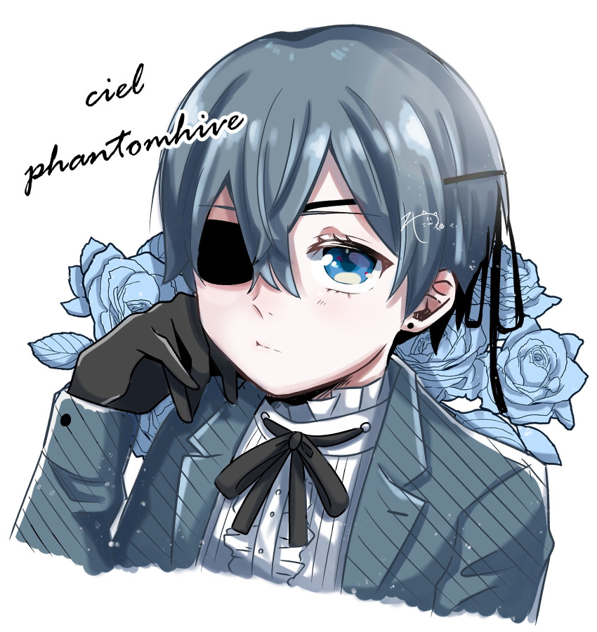 1boy bishounen black_gloves black_ribbon blue_flower blue_hair blue_jacket character_name ciel_phantomhive closed_mouth earrings expressionless eyepatch flower gloves hair_between_eyes hand_on_own_cheek hand_on_own_face highres jacket jewelry kodona kuroshitsuji lolita_fashion ribbon rojineco_nene shirt short_hair solo upper_body victorian white_shirt wing_collar