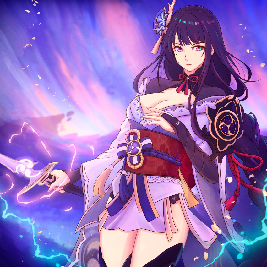 1girl absurdres armor breasts cleavage commentary cowboy_shot genshin_impact highres holding holding_sword holding_weapon japanese_clothes kimono long_hair medium_breasts musou_isshin_(genshin_impact) obi off_shoulder pelvic_curtain purple_eyes purple_hair purple_kimono raiden_shogun red_sash sash shoulder_armor solo standing sword thighs truejekart weapon