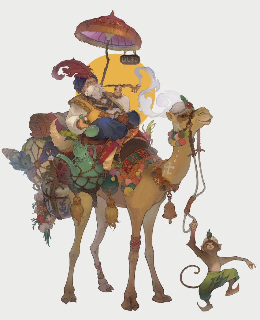 1boy absurdres animal braid braided_beard camel closed_eyes facial_hair feathers grey_background highres monkey original plant potted_plant red_feathers riding riding_animal sauna_posa smoke smoking smoking_pipe solo umbrella white_beard wide_shot