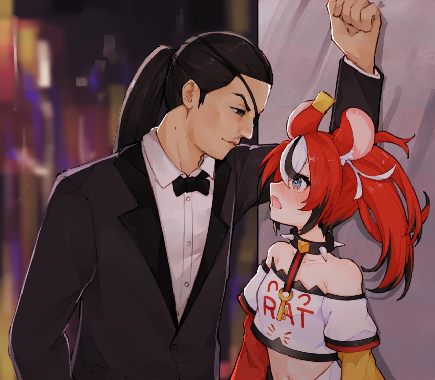 1boy 1girl against_wall animal_ears bare_shoulders black_hair blush bow bowtie collar commentary crossover english_commentary eyepatch hakos_baelz highres hololive hololive_english kabedon looking_at_another ma_draws majima_goro midriff mouse_ears multicolored_hair ponytail red_hair ryuu_ga_gotoku_(series) spiked_collar spikes streaked_hair suit twintails virtual_youtuber