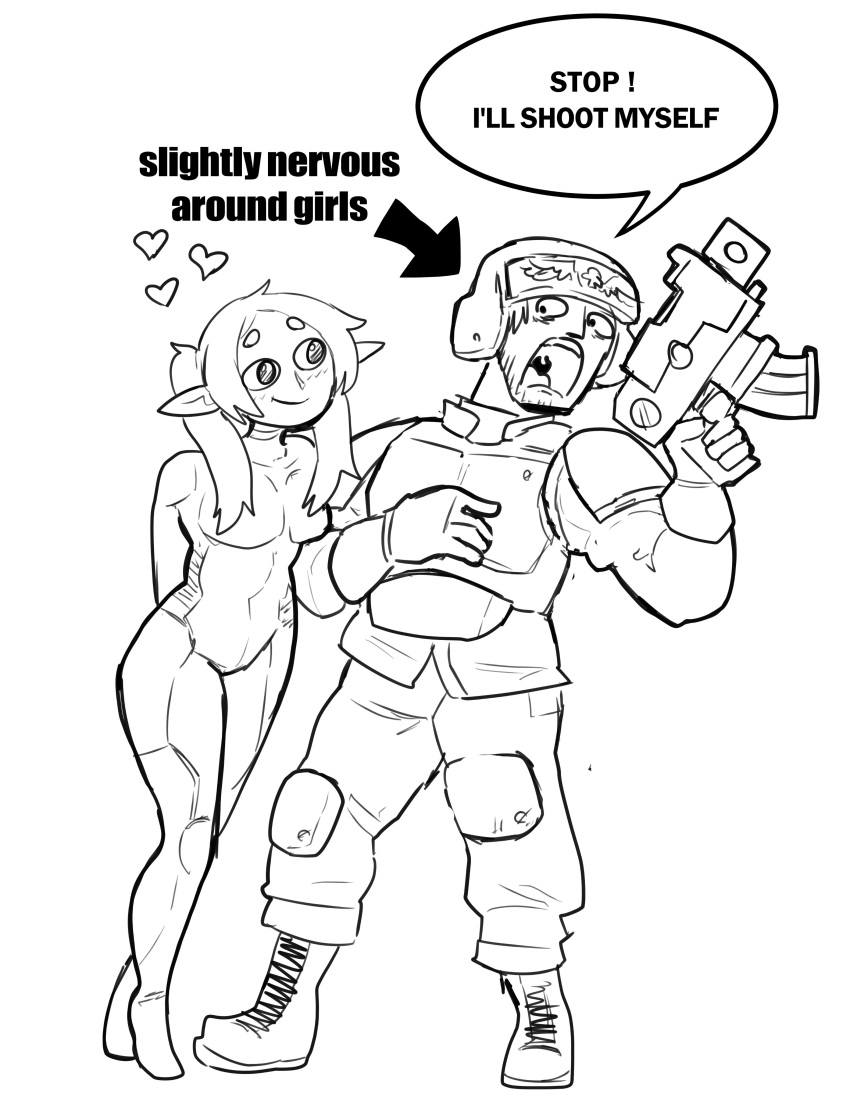 1boy 1girl absurdres armor astra_militarum bodysuit boots commentary eldar english_commentary full_body gun heart helmet highres holding holding_gun holding_weapon japvs lineart looking_at_another military_uniform monochrome open_mouth pointy_ears shoulder_armor smile speech_bubble standing uniform warhammer_40k weapon