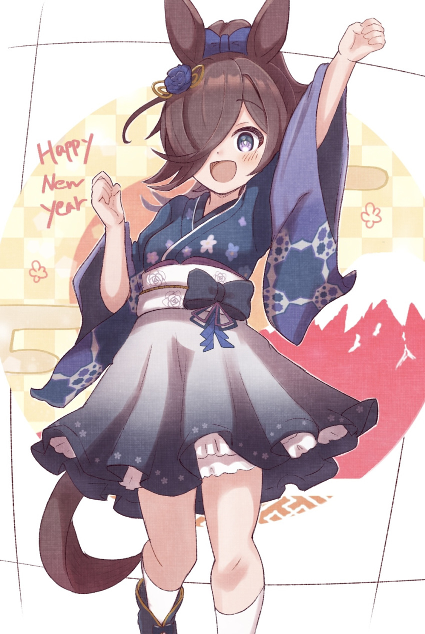 1girl :d animal_ears arm_up black_bow black_footwear blue_bow blue_flower blue_kimono blush boots bow breasts brown_hair checkered_background commentary_request egasumi flower grey_skirt hair_bow hair_flower hair_ornament hair_over_one_eye happy_new_year high_ponytail highres horse_ears horse_girl horse_tail japanese_clothes kimono kneehighs long_hair long_sleeves looking_at_viewer obi pleated_skirt ponytail purple_eyes rice_shower_(umamusume) sash skirt small_breasts smile socks solo sunanuko_(ramuneko) tail umamusume white_socks wide_sleeves