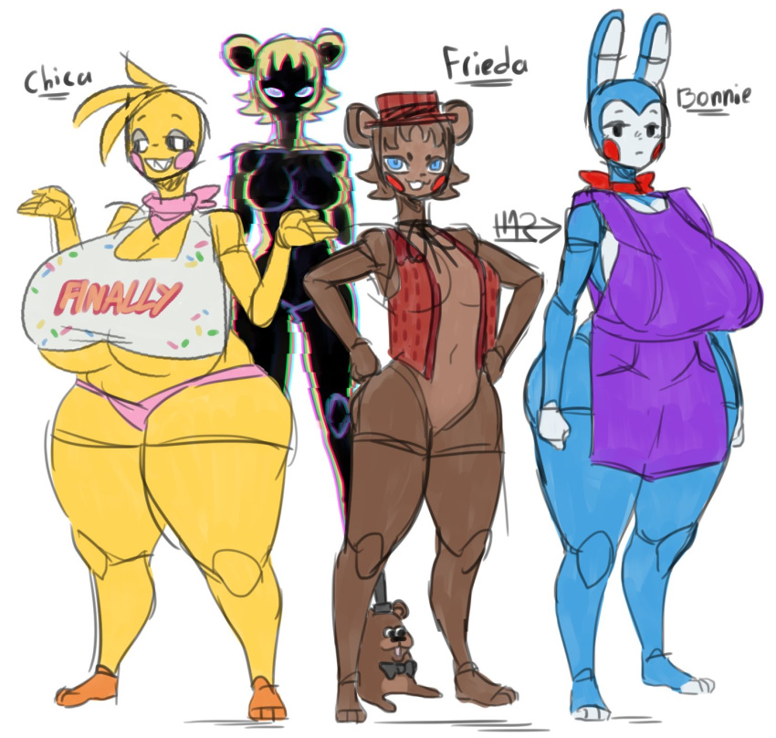 animatronic anthro apron avian beakless bear big_breasts bird black_eyes black_sclera blue_body blue_eyes bow_tie breasts brown_body chicken clothing crossgender english_text female five_nights_at_freddy's five_nights_at_freddy's_2 galliform gallus_(genus) golden_freddy_(fnaf) group hat headgear headwear hi_res huge_breasts jacket lagomorph leporid little_hareboy looking_at_viewer machine mammal mtf_crossgender navel neckerchief non-mammal_breasts phasianid rabbit robot scottgames shirt smile text thick_thighs top_hat topwear toy_bonnie_(fnaf) toy_chica_(fnaf) toy_freddy_(fnaf) under_boob white_eyes yellow_body