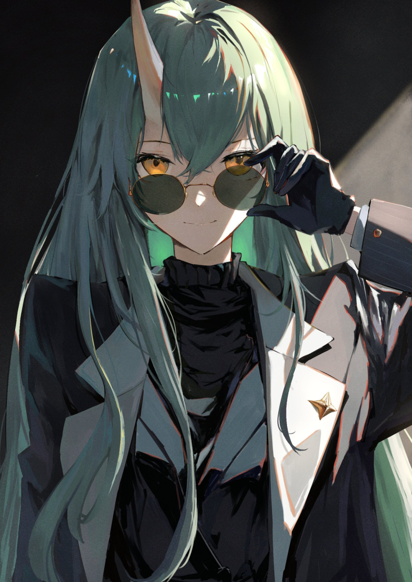 1girl adjusting_eyewear alternate_costume arknights black_gloves black_jacket black_sweater black_vest breasts buttoned_cuffs buttons closed_mouth commentary crossed_bangs eyelashes film_grain gloves green_hair hair_between_eyes hair_flowing_over hand_up highres horns hoshiguma_(arknights) jacket kissshotmagia lapel_pin lapels layered_clothes layered_sleeves light_smile long_hair long_sleeves looking_at_viewer looking_over_eyewear medium_breasts notched_lapels oni oni_horns open_clothes open_jacket round_eyewear shade shadow sidelighting single_horn skin-covered_horns solo standing straight-on straight_hair sunglasses sweater tinted_eyewear turtleneck turtleneck_sweater upper_body very_long_hair vest yellow-framed_eyewear yellow_eyes