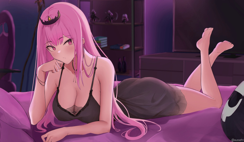 1girl :/ absurdres ausseh1 bare_arms bare_shoulders barefoot black_nightgown book book_stack bottle breasts chair character_doll closed_mouth death-sensei_(mori_calliope) feet feet_up flat_screen_tv gaming_chair hand_on_own_cheek hand_on_own_face head_rest highres hololive hololive_english indoors jewelry large_breasts light_blush long_hair looking_at_viewer lying mori_calliope mori_calliope_(6th_costume) necklace nightgown official_alternate_costume on_bed on_stomach pink_eyes pink_hair scythe shelf sleepwear soles solo swivel_chair television the_pose tiara toes twitter_username virtual_youtuber wine_bottle