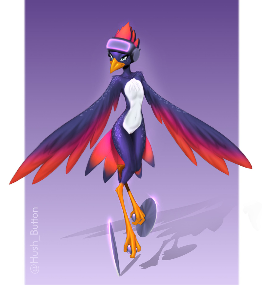absurd_res anthro avian avian_feet barely_visible_genitalia barely_visible_pussy beak bird blue_eyes border feathered_wings feathers featureless_chest female flat_chested front_view genitals gradient_background hi_res looking_at_viewer mrbuttonboi multicolored_body multicolored_feathers purple_background pussy red_body red_feathers simple_background skinny solo tail tail_feathers visor white_border winged_arms wings