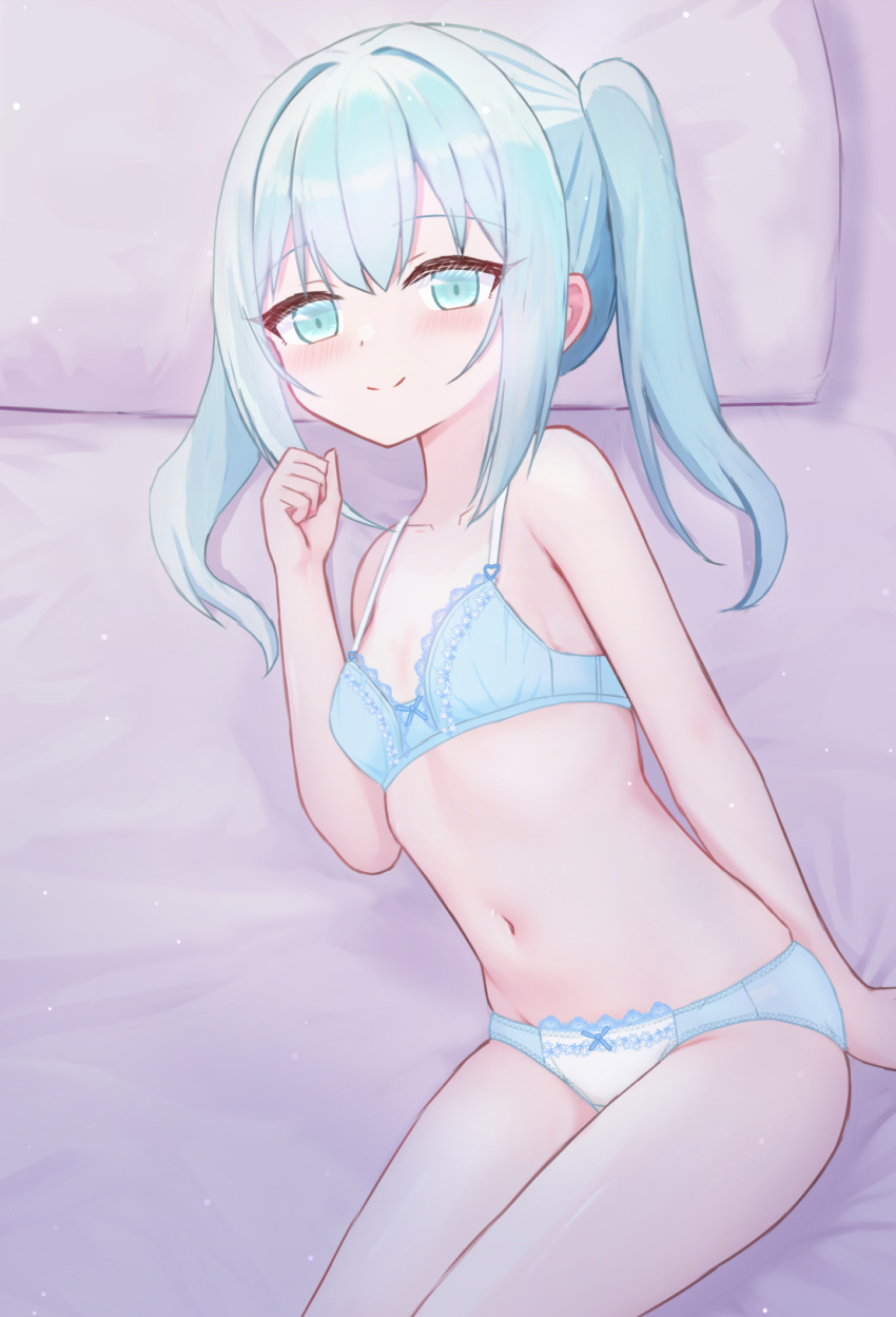 1girl bed_sheet blue_bra blue_eyes blue_hair blue_panties bow bow_bra bow_panties bra breasts closed_mouth commentary crotch_seam from_above highres lace-trimmed_panties lace_trim looking_at_viewer lying medium_hair navel on_bed on_side original panties pillow shooko small_breasts smile solo twintails underwear underwear_only