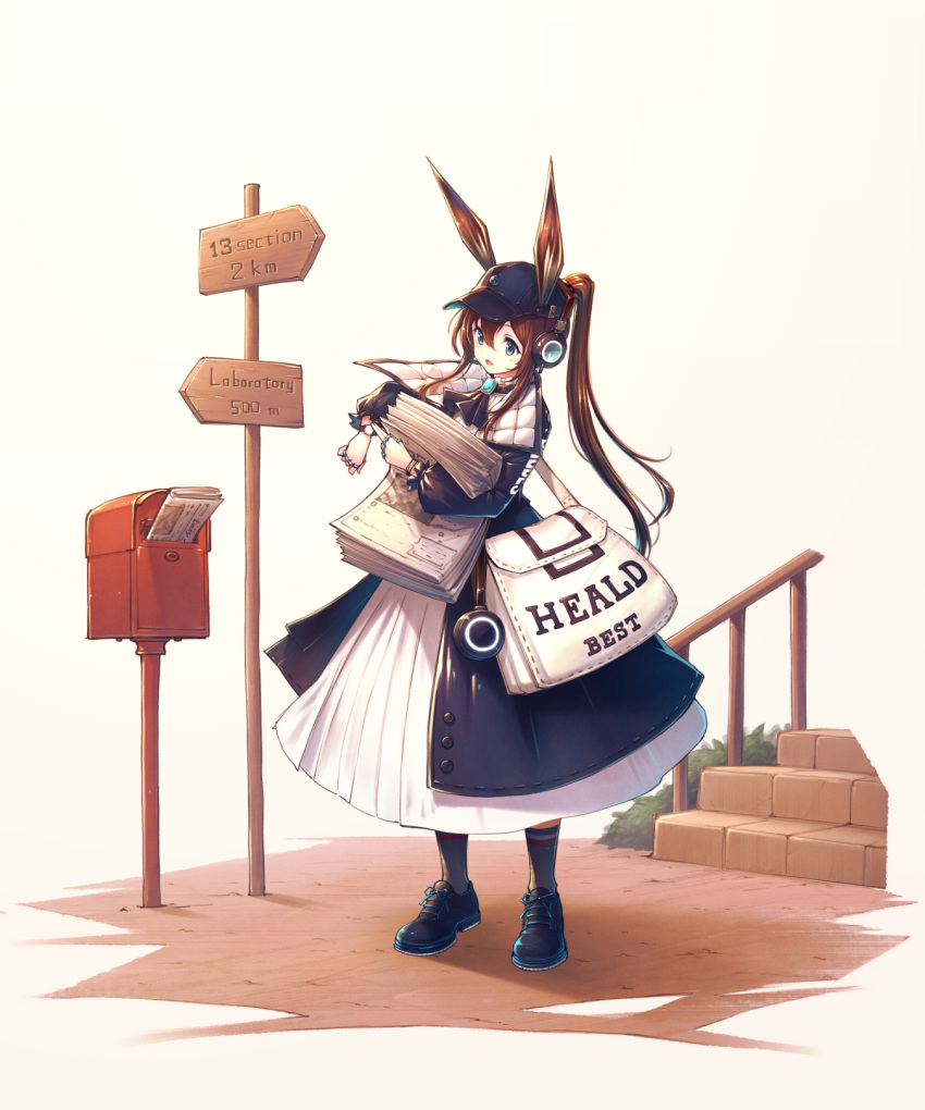 1girl amiya_(arknights) amiya_(newsgirl)_(arknights) animal_ears arknights bag black_footwear black_socks blue_coat blue_eyes brown_hair clothes_writing coat dress faux_figurine gogatsu_no_renkyuu hair_between_eyes highres holding holding_newspaper jewelry mailbox_(incoming_mail) multiple_rings newspaper official_alternate_costume open_clothes open_coat open_mouth ponytail rabbit_ears rabbit_girl ring shoes shoulder_bag signpost socks solo stairs watch white_bag white_dress wristwatch