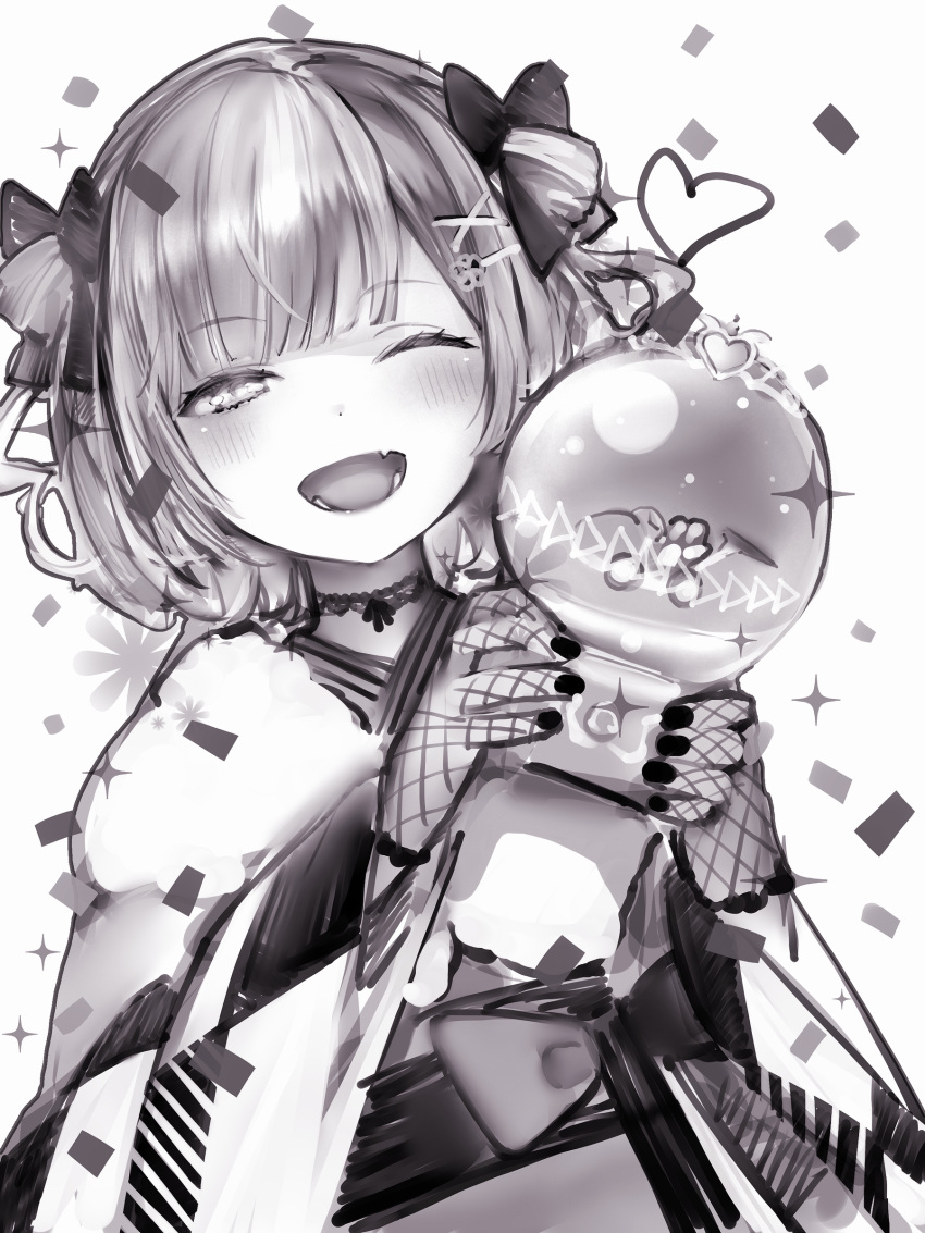 1girl ;d absurdres blunt_bangs checkered_clothes checkered_kimono choker confetti fang fishnet_gloves fishnets fur_collar gloves greyscale hair_ornament hairclip heart highres hololive japanese_clothes kimono lace lace_choker light_blush looking_at_viewer monochrome nail_polish nanashi_(nlo) official_alternate_costume one_eye_closed open_mouth simple_background smile solo tokoyami_towa tokoyami_towa_(new_year) upper_body virtual_youtuber x_hair_ornament