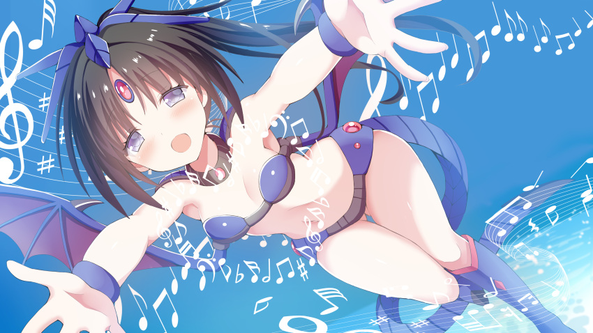 1girl absurdres armpits ass_visible_through_thighs bass_clef beamed_eighth_notes bikini blue_background blue_bikini blue_thighhighs boots breasts brown_hair chouhakai!!_barbarossa dutch_angle eighth_note fingernails flat_sign forehead_jewel givuchoko half_note highres long_hair looking_at_viewer musical_note outstretched_arms parted_bangs purple_eyes purple_wings revealing_clothes sharp_sign side_ponytail sixteenth_note small_breasts solo swimsuit thigh_boots thigh_gap thighhighs treble_clef wings