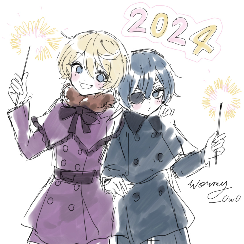 2024 2boys absurdres alois_trancy artist_name belt blonde_hair blue_dress blue_eyes blue_hair blush capelet ciel_phantomhive dress earrings eyepatch fireworks fur_trim hair_between_eyes hand_around_neck highres holding_fireworks jewelry kuroshitsuji male_focus multiple_boys o3o otoko_no_ko purple_belt purple_capelet purple_dress purple_ribbon ribbon short_hair simple_background sketch smile sparkler white_background wormy_owo yaoi