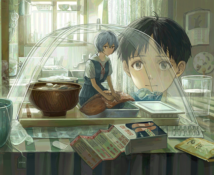 1boy 1girl ayanami_rei bandaid black_hair blue_hair bowl brown_eyes calendar_(object) closed_mouth cup curtains fish_(food) food glass highres ikari_shinji ikuta41 indoors medicine mini_person minigirl miso_soup neon_genesis_evangelion rice_bowl salmon school_uniform serving_dome short_hair short_sleeves sink teabag teacup tokyo-3_middle_school_uniform water