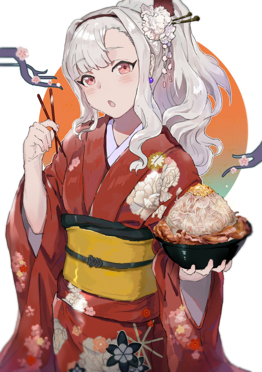 1girl absurdres baidao chopsticks cowboy_shot earrings floral_print flower food grey_hair hair_flower hair_ornament hairpin highres holding holding_chopsticks holding_food idolmaster idolmaster_(classic) japanese_clothes jewelry kimono long_hair looking_at_viewer noodles obi open_mouth pink_eyes ponytail ramen red_kimono sash shijou_takane solo wide_sleeves