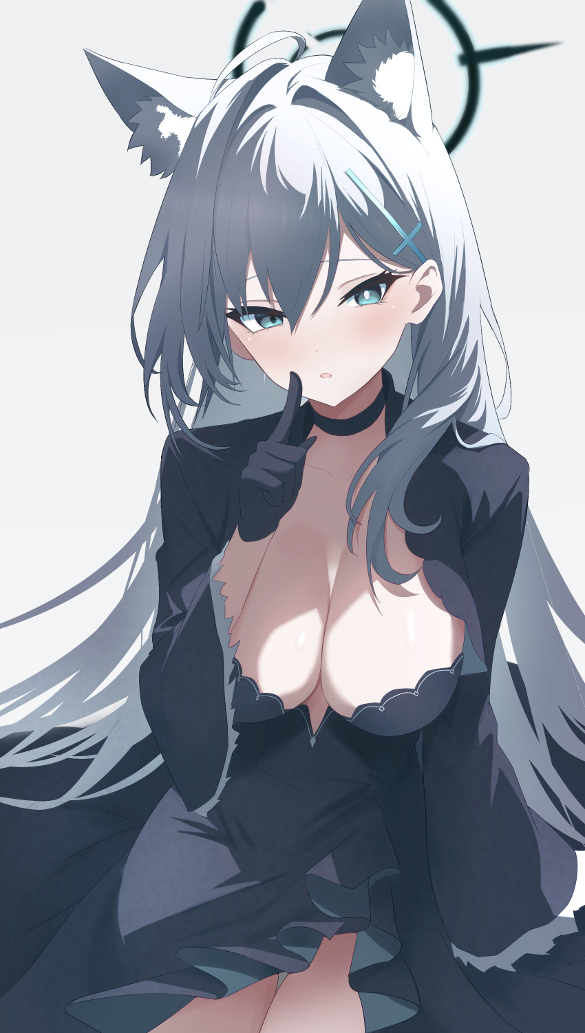 1girl absurdres animal_ear_fluff animal_ears black_dress black_gloves blue_archive blue_eyes blush breasts cowboy_shot dark_halo dress extra_ears gloves grey_hair hair_between_eyes halo highres large_breasts long_hair long_sleeves looking_at_viewer mismatched_pupils open_mouth ryokuchabushi shiroko_(blue_archive) shiroko_terror_(blue_archive) simple_background solo white_background wide_sleeves wolf_ears