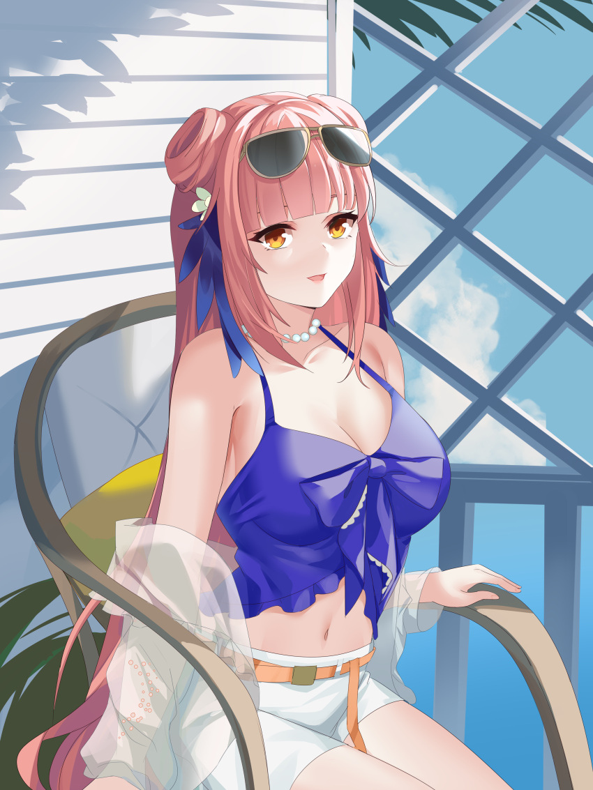 1girl absurdres arknights blue_shirt breasts ceylon_(arknights) ceylon_(holiday)_(arknights) chair cleavage double_bun doughnut_hair_bun eyewear_on_head feather_hair hair_bun highres jewelry lattice lingshalan looking_at_viewer medium_breasts midriff navel necklace official_alternate_costume open_mouth outdoors pearl_necklace shirt shorts sitting solo sunglasses tank_top white_shorts yellow_eyes