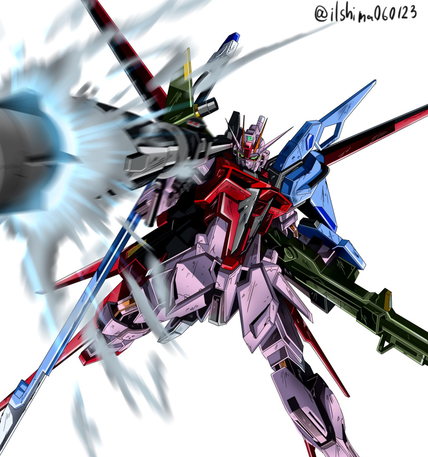 bazooka_(gundam) commentary_request energy_gun green_eyes gundam gundam_seed highres holding holding_weapon mecha mobile_suit no_humans perfect_strike_gundam robot shimashun solo strike_rouge sword weapon white_background