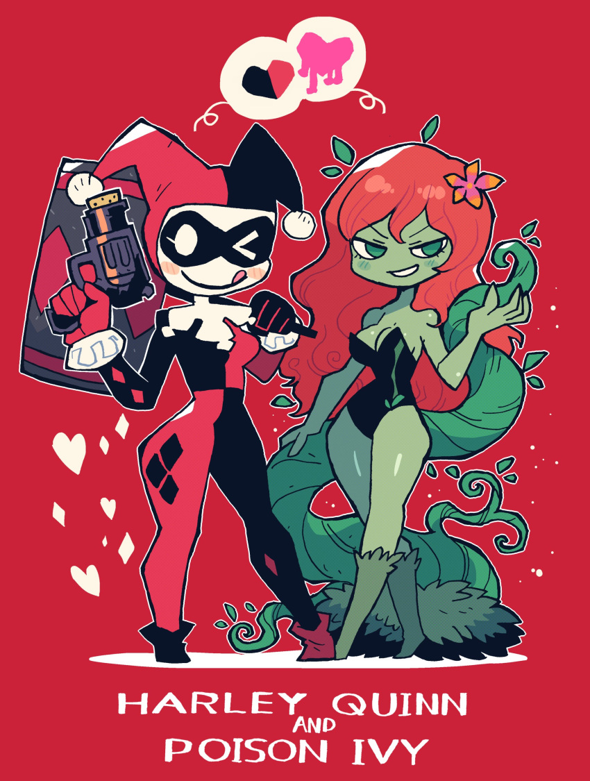 2girls :p ;p absurdres batman_(series) bodysuit character_name colored_skin cork_gun dc_comics domino_mask english_commentary full_body green_skin harley_quinn highres leotard looking_at_viewer mallet mask multiple_girls one_eye_closed poison_ivy rariatto_(ganguri) red_background red_hair skin_tight standing strapless strapless_leotard tongue tongue_out