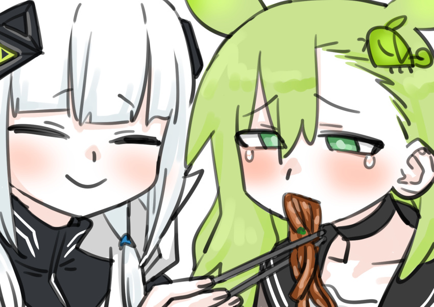 2girls asymmetrical_bangs black_choker blunt_bangs blush cevio choker chopsticks closed_eyes closed_mouth cosplay curry_udon diamond_hair_ornament feeding food_in_mouth force-feeding furrowed_brow green_eyes green_hair half-closed_eyes hand_up highres holding holding_chopsticks insect_hair_ornament kafu-chan_no_kare_udon_kyousou_kyoku_(cevio) kafu_(cevio) long_hair low_twintails matangom matangomu-chan multiple_girls original parody portrait smile tearing_up turtleneck twintails voicevox white_hair zundamon zundamon_(cosplay)