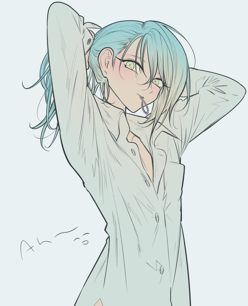 1boy androgynous arms_behind_head arms_up blue_hair closed_mouth collared_shirt dramatical_murder green_hair grey_background hair_between_eyes hair_tie_in_mouth highres long_hair long_sleeves looking_at_viewer male_focus meremero mouth_hold partially_unbuttoned ponytail seragaki_aoba shirt simple_background solo tying_hair upper_body white_shirt yellow_eyes
