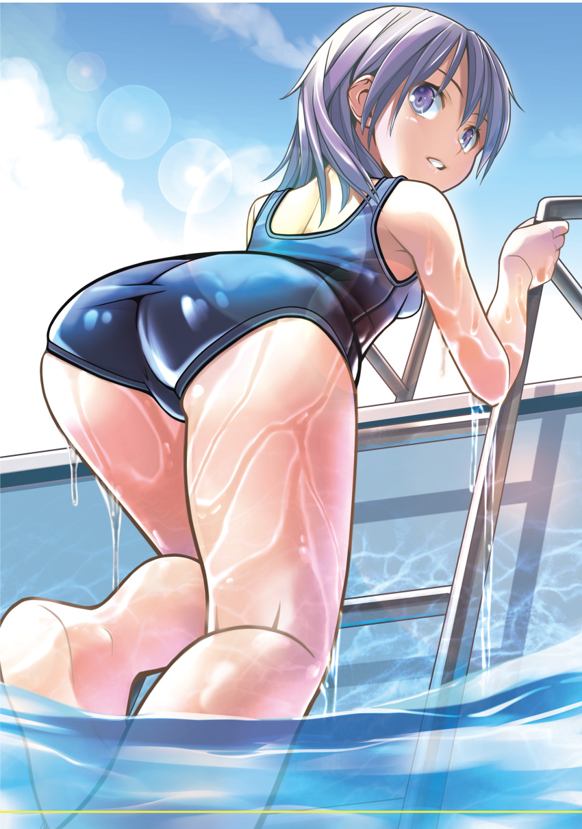 1girl absurdres ass blue_one-piece_swimsuit blue_sky cloud day feet_out_of_frame from_below grey_eyes highres lens_flare long_hair looking_back one-piece_swimsuit original outdoors pool_ladder pop_(electromagneticwave) purple_hair school_swimsuit sky solo swimsuit water wet wet_clothes wet_swimsuit