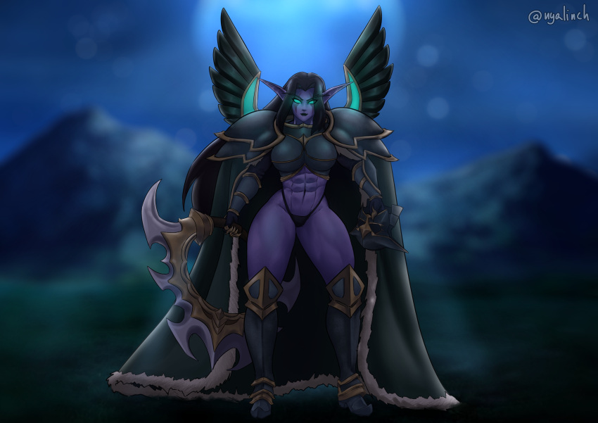 abs absurd_res armor big_breasts black_clothing black_hair black_thong black_underwear blizzard_entertainment breasts cape clothing elf female front_view green_armor green_cape green_eyes hair headgear helmet hi_res holding_armor holding_headgear holding_helmet holding_object holding_weapon humanoid humanoid_pointy_ears long_hair looking_at_viewer maiev_shadowsong moon muscular muscular_female navel night night_elf nyalinch purple_body purple_skin solo thick_thighs thong underwear warcraft weapon wide_hips