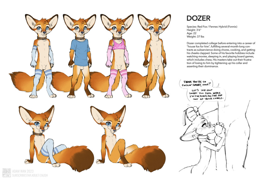 adult_(lore) animal_genitalia anthro balls biped black_nose blue_clothing blue_eyes blue_legwear blue_shirt blue_thigh_highs blue_topwear brown_body brown_collar brown_fur canid canine clothed clothing collar countershade_fur countershade_torso countershading crop_top digitigrade dipstick_tail dozer_(zaush) duo english_text eyewear feet fennec fox fully_sheathed fur genitals girly glasses hi_res hybrid larger_male leash leash_pull legwear licking looking_at_viewer male male/male mammal markings model_sheet multicolored_body multicolored_fur nude nude_anthro nude_male oral orange_body orange_fur pink_clothing pink_legwear pink_thigh_highs profanity red_fox round_glasses sex sheath sheath_grab sheath_lick shirt short_anthro short_male sitting size_difference slim slim_anthro slim_male smaller_male standing stated_adult stated_age stated_height stated_species stated_weight tail tail_markings tan_body tan_fur text text_on_clothing text_on_shirt text_on_topwear thigh_highs toes tongue tongue_out topwear zaush