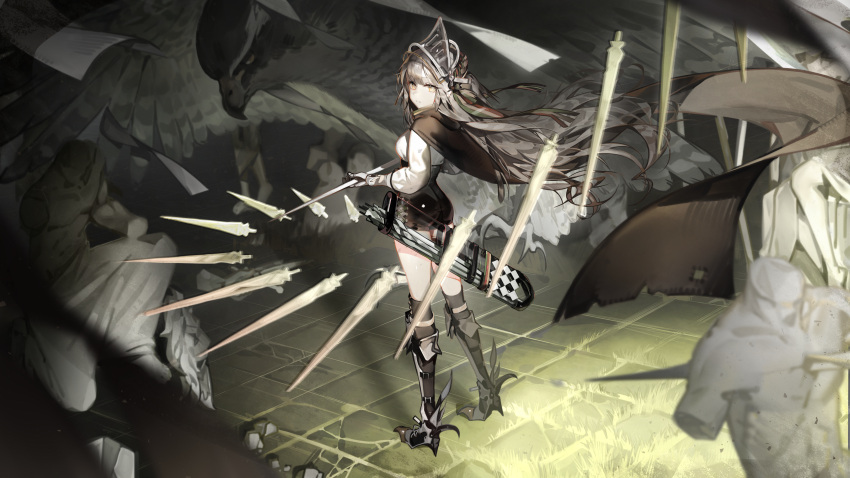 1girl absurdres animal arknights armored_boots ass bird black_cape black_shorts black_thighhighs boots cape fartooth_(arknights) from_behind full_body grey_hair high-waist_shorts highres long_hair long_sleeves looking_at_viewer looking_back oversized_animal ribiadan shirt shirt_tucked_in shorts solo standing statue thighhighs very_long_hair visor_(armor) visor_lift white_shirt wind yellow_eyes