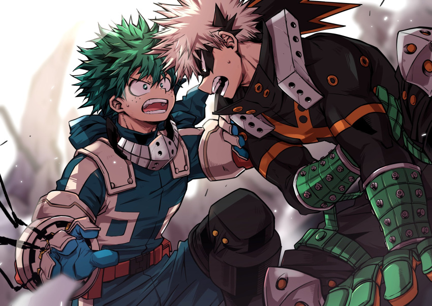 2boys alternate_eye_color aqua_bodysuit bakugou_katsuki belt belt_pouch black_mask black_pants black_whip_(boku_no_hero_academia) blonde_hair blue_gloves blurry blurry_background blurry_foreground boku_no_hero_academia bright_pupils chiyaya dutch_angle eye_mask foreshortening freckles from_side furrowed_brow gloves green_eyes green_gloves green_hair hair_between_eyes hand_on_another's_shoulder hand_on_ground hand_on_own_stomach hands_up headgear high_collar highres knee_guards knees_up leaning_forward looking_at_another male_focus midoriya_izuku multiple_boys open_hand open_mouth orange_eyes orange_gloves pants pouch profile red_belt rubble sanpaku short_hair single_horizontal_stripe snap-fit_buckle spiked_hair sweatdrop tendril two-tone_gloves upper_body utility_belt v-shaped_eyebrows white_pupils worried wrist_guards x