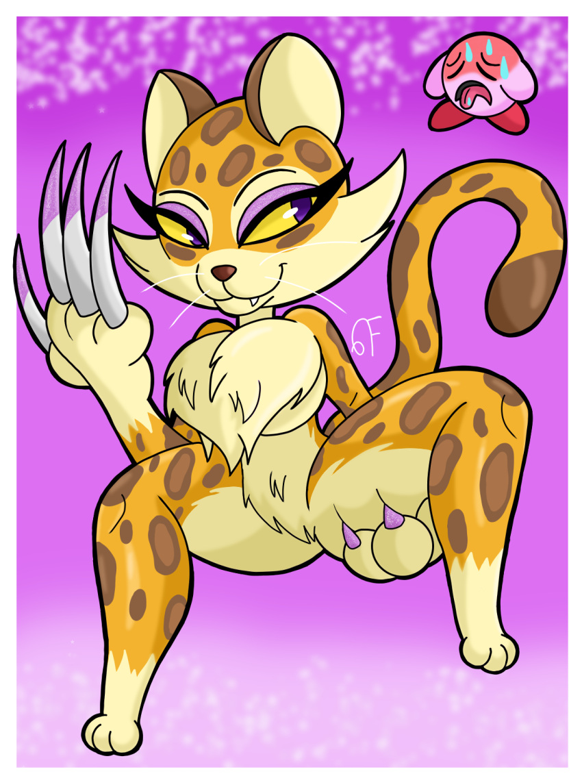 anthro big_breasts bomba_world12 breasts cheetah chest_fur clawroline claws duo felid feline female hi_res kirby kirby_(series) kirby_and_the_forgotten_land leg_grab long_claws mammal nintendo raised_leg thick_thighs video_games