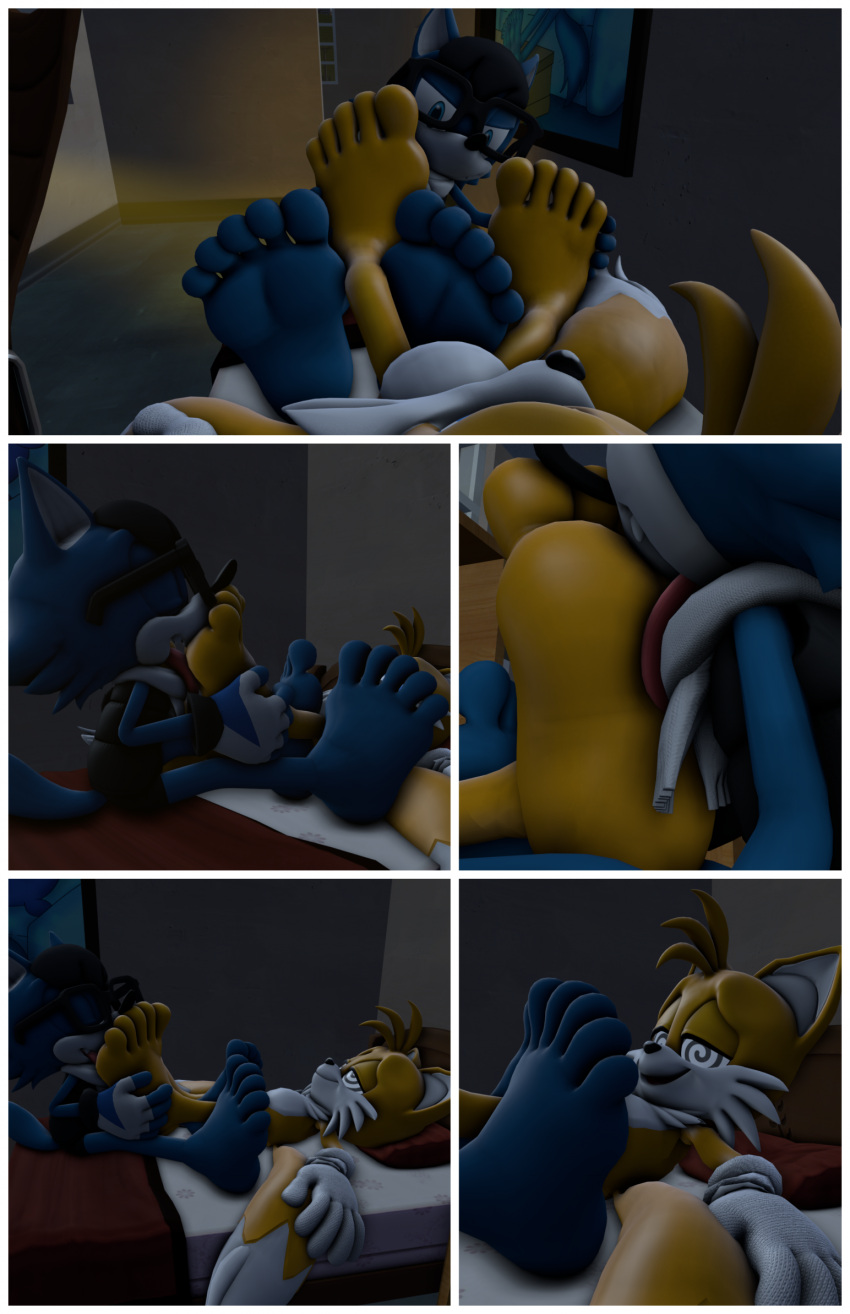 2023 3d_(artwork) 5_fingers 5_toes anthro barefoot bed blue_body blue_fur border brown_floor brown_wall canid canine canis clothing comic digital_media_(artwork) duo eyewear fan_character feet fingerless_gloves fingers five_frame_image five_frame_sequence floor fluffy fluffy_tail foot_fetish foot_focus foot_grab foot_lick foot_play foot_sniffing fox fur furniture glasses gloves gloves_only handwear handwear_only hi_res hypnosis hypnotic_eyes inside licking lying lying_on_bed male male/male mammal miles_prower mind_control mostly_nude multicolored_body multicolored_fur neil_the_wolf on_back on_bed orange_body orange_fur painting prick_ears prometheusn4 sega sniffing soles sonic_the_hedgehog_(series) standing tail toes tongue tongue_out two_tone_body two_tone_fur wall_(structure) white_body white_border white_clothing white_fur white_gloves white_handwear wolf yellow_clothing yellow_gloves yellow_handwear