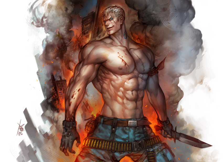 1boy abs adam's_apple bara blood_on_pectorals bryan_fury cowboy_shot dagger denim explosion fire gloves head_tilt holding holding_dagger holding_knife holding_weapon jeans knife large_pectorals male_focus mature_male muscular muscular_male navel nipples pants pectorals short_hair shredded_muscles sideburns smirk smoke solo tekken topless_male weapon white_hair yi_lee