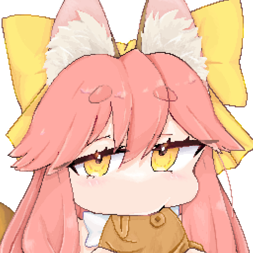 1girl animal_ear_fluff animal_ears blush bow eating fate/samurai_remnant fate_(series) food food_in_mouth fox_ears fox_girl fox_tail hair_bow highres holding holding_food looking_at_viewer ohirunesuki33 pink_hair pixel_art short_eyebrows tail taiyaki tamamo_(fate) tamamo_aria_(fate) thick_eyebrows wagashi white_background white_bow yellow_bow yellow_eyes